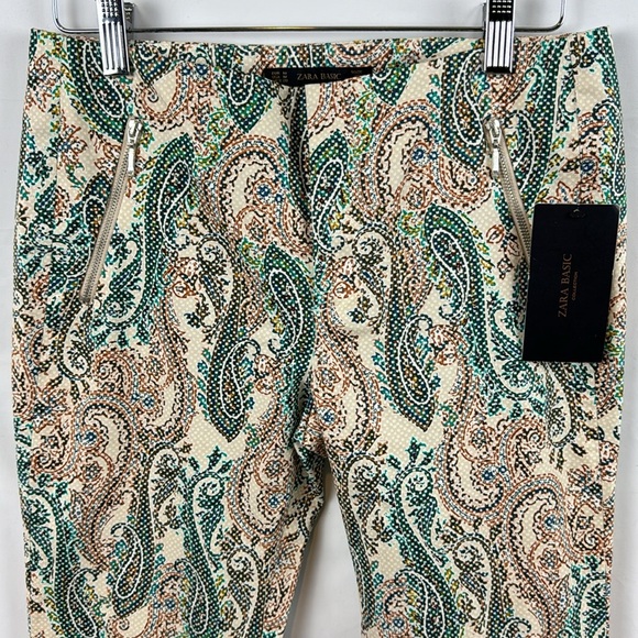 ZARA Paisley‎ Print Cropped Beige Aqua Pants Size M - New with Tags - Picture 3 of 12